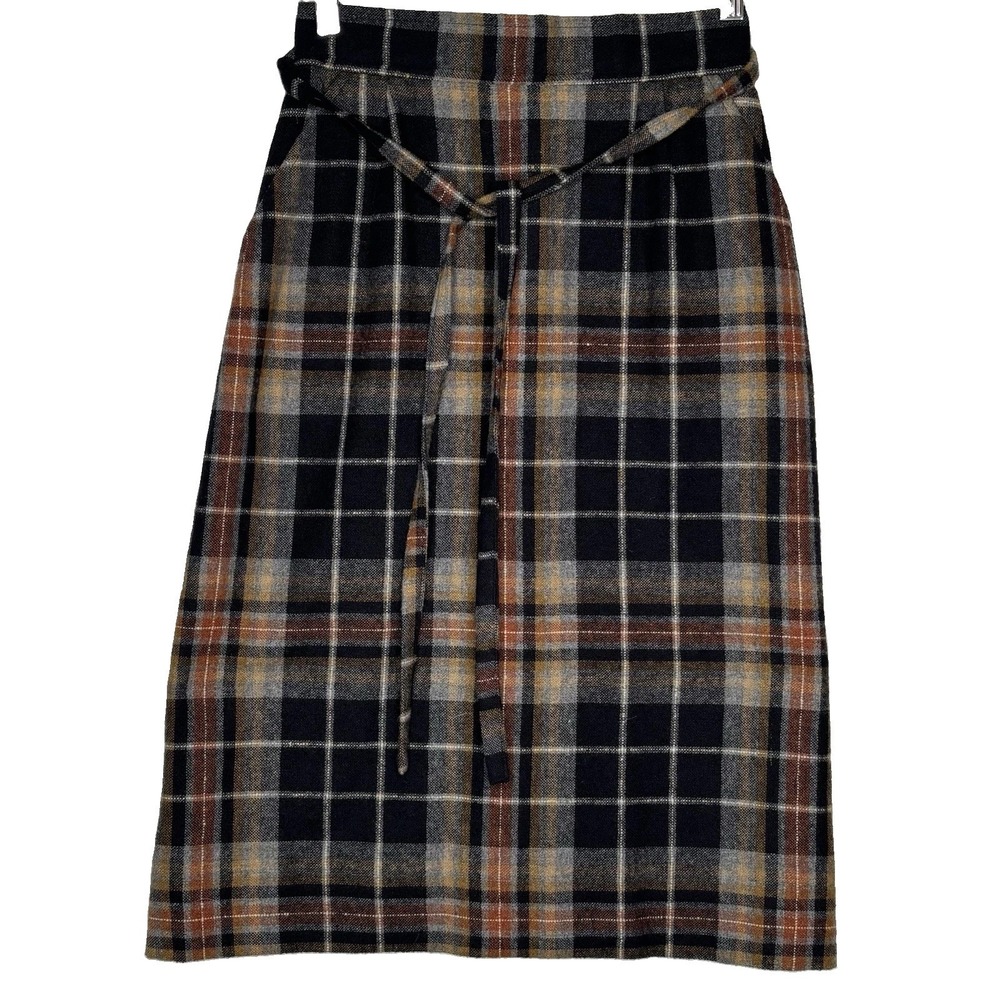 Vtg Albee Wrap Skirt *14 Brown Black Plaid Wool Blend Academia Preppy *READ